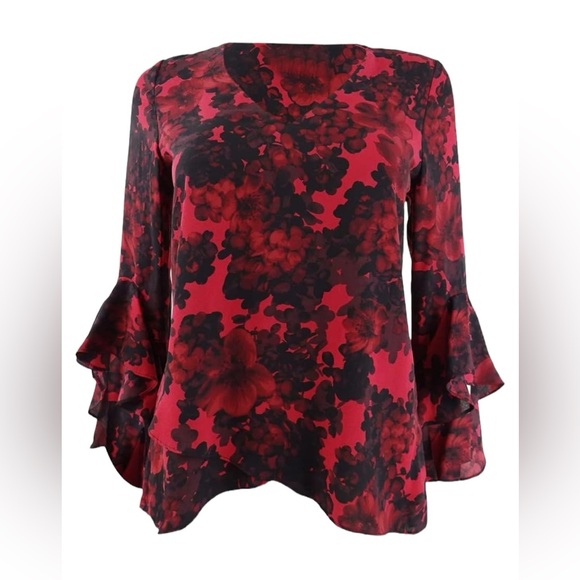 Vince Camuto Red Ruffled Bell-Sleeve Top Blouse Sz Small - Picture 8 of 9